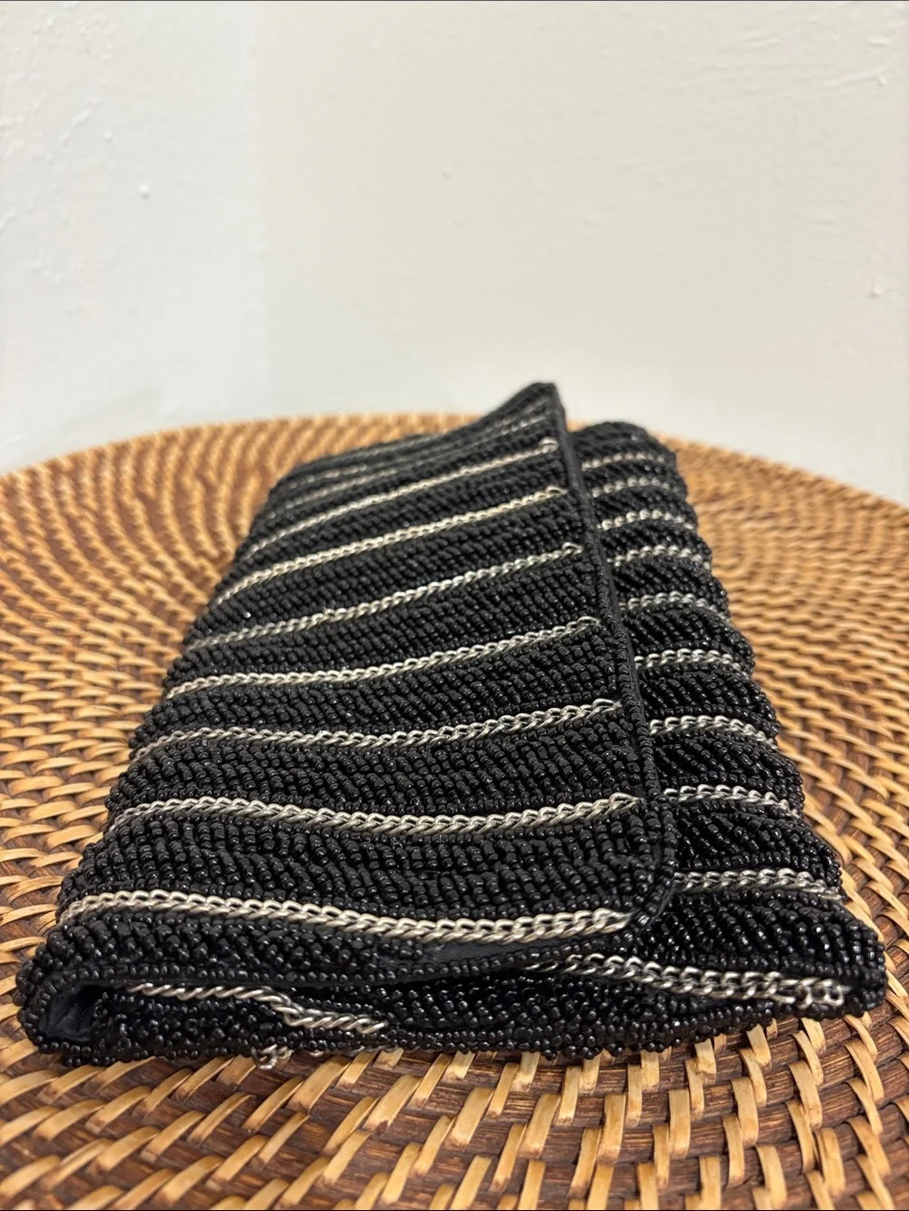 From St Xavier Beaded Striped Evening Clutch Handbag Chain Strap Black Silver